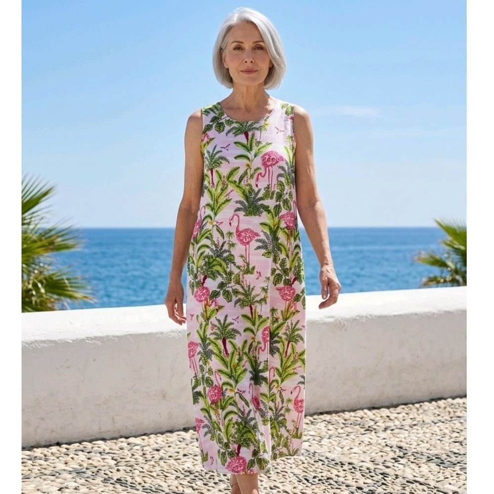 Charter Club Size M Sleeveless Maxi Dress Linen Tropical Palm Flamingo Print NWT